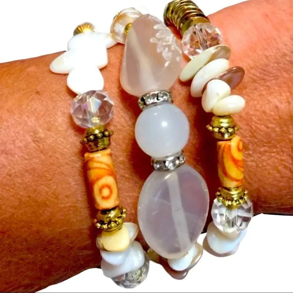 Multi Wrap Gold White Brown Beaded Bangle Bracelet -NEW